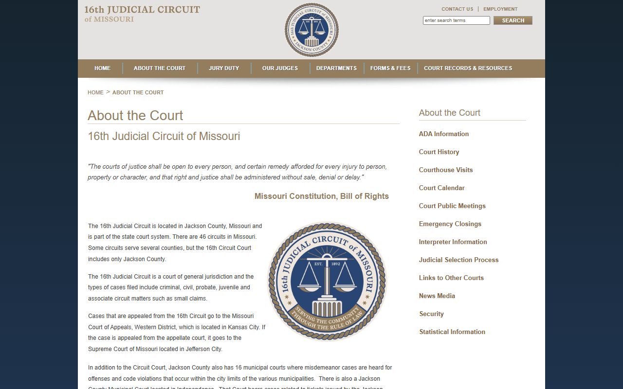 About page of the 16th Judicial Circuit explaining Jackson County court structure