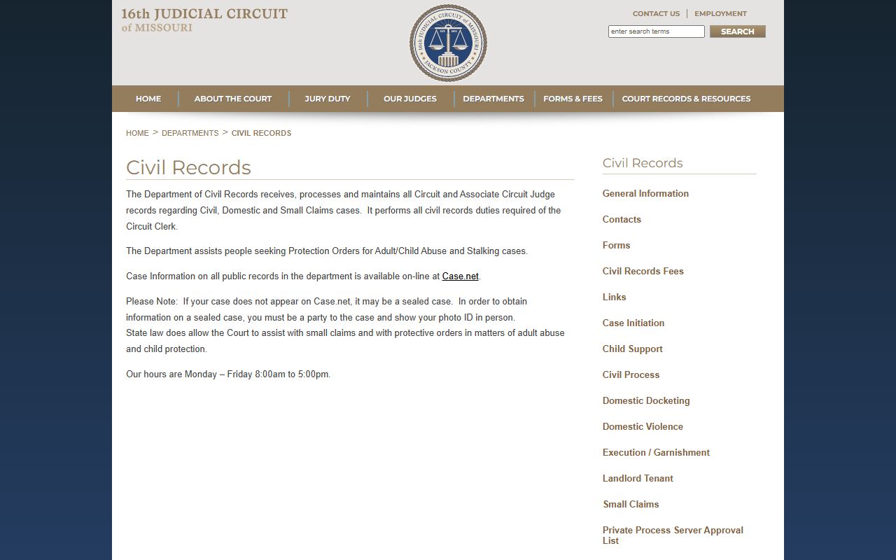 Jackson County 16th Circuit Civil Records department page