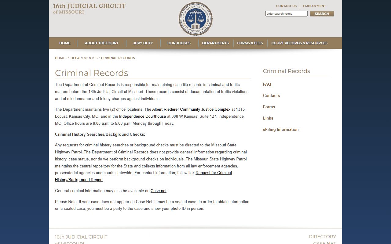 Jackson County 16th Circuit Criminal Records department page for arrest record case files