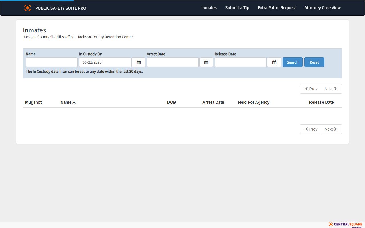 Jackson County inmate search portal used for arrest records and booking lookups