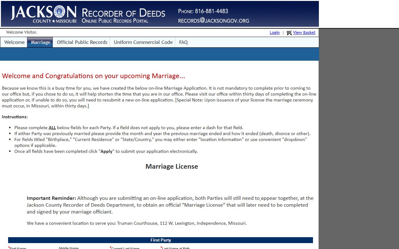 Jackson County Aumentum marriage application form for marriage records