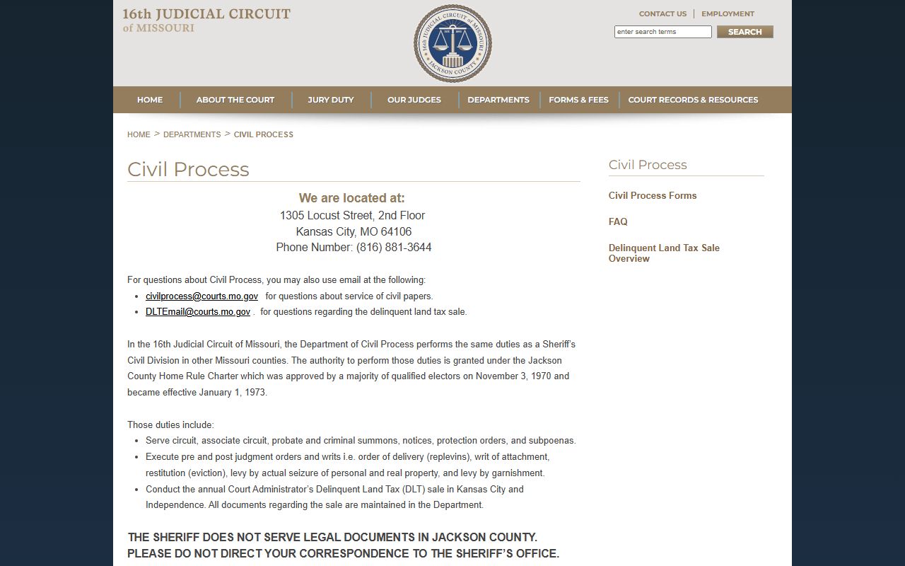 Jackson County 16th Circuit Civil Process Department page