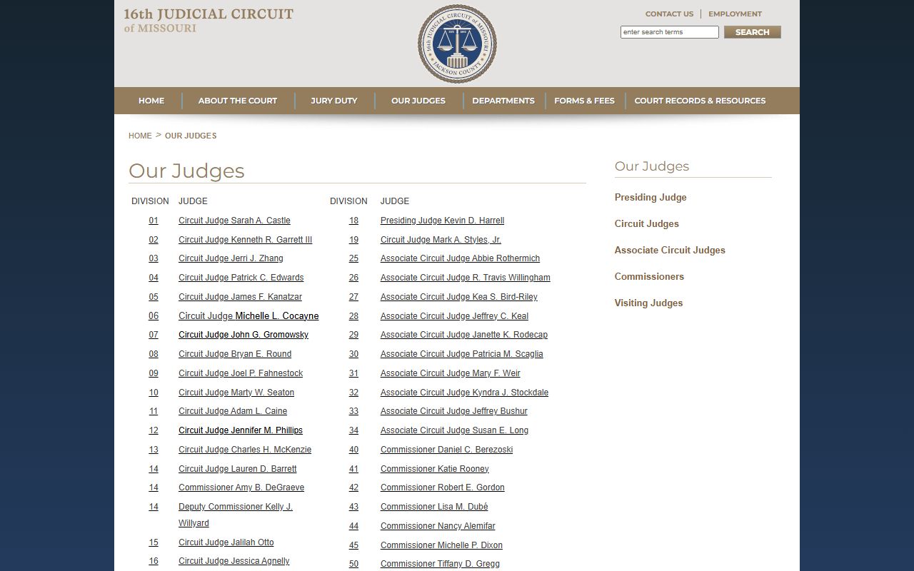 Jackson County 16th Circuit official judges and commissioners by division for court docket lookups