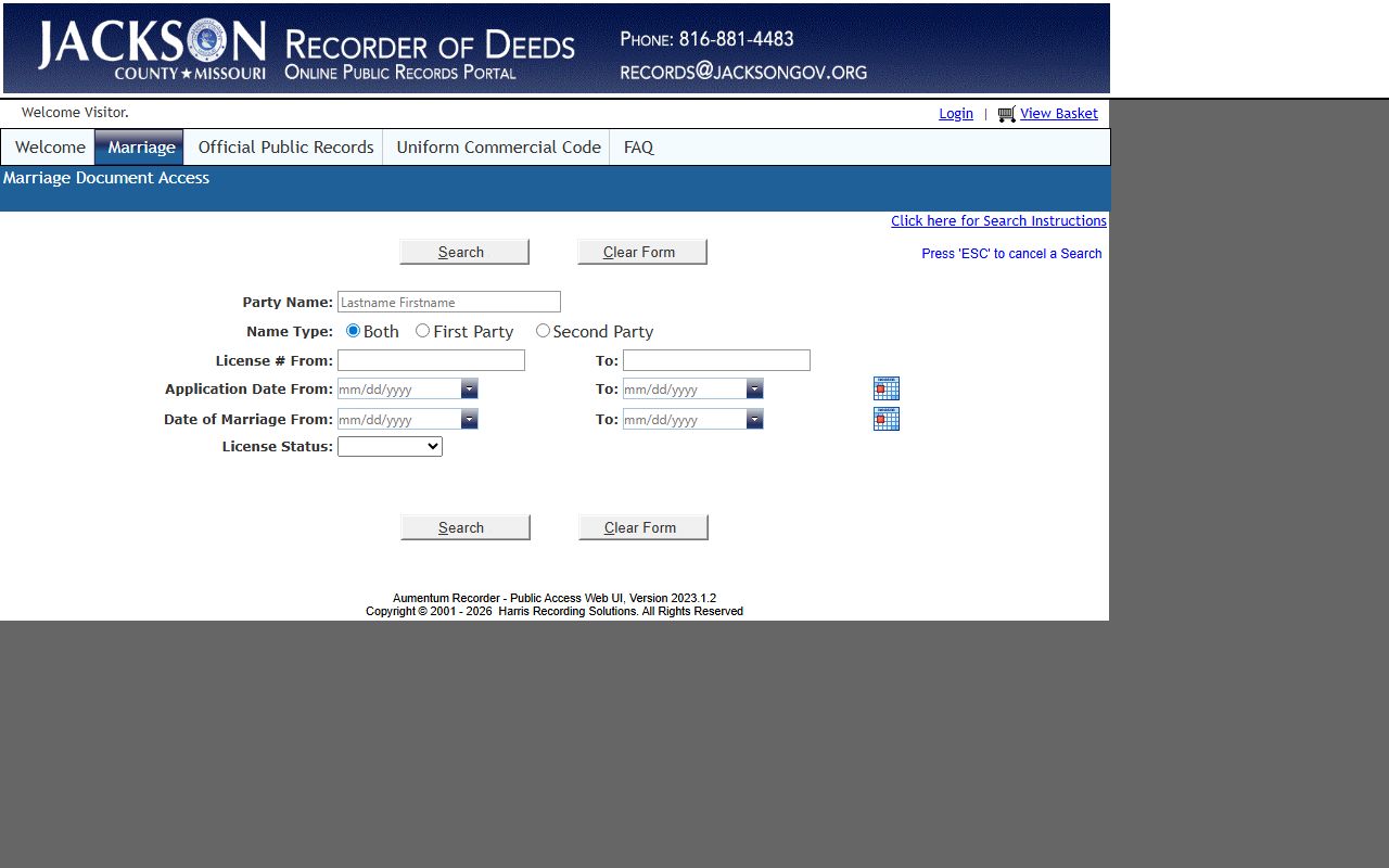 Jackson County Aumentum marriage index search page for Jackson County marriage records