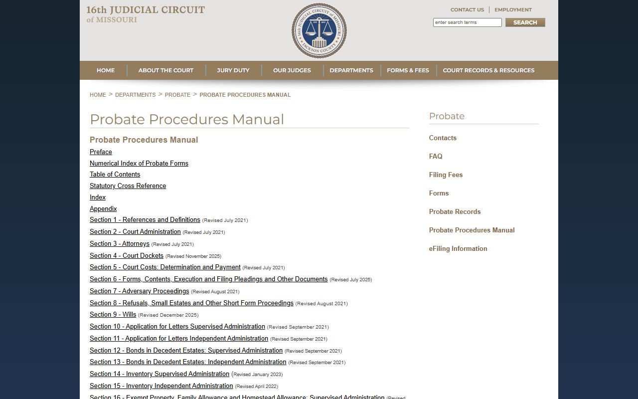 Jackson County official probate procedure manual index for probate records administration