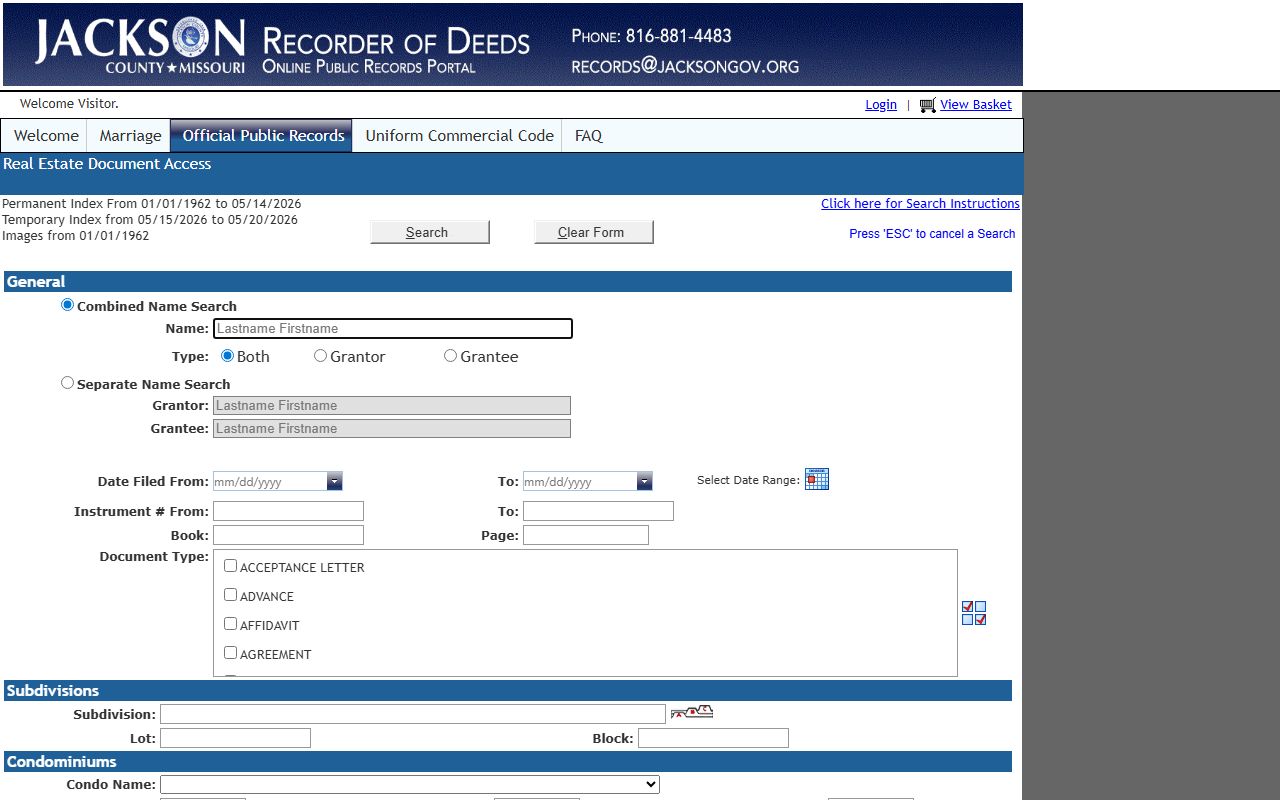 Jackson County real estate index search page for Recorder of Deeds land records