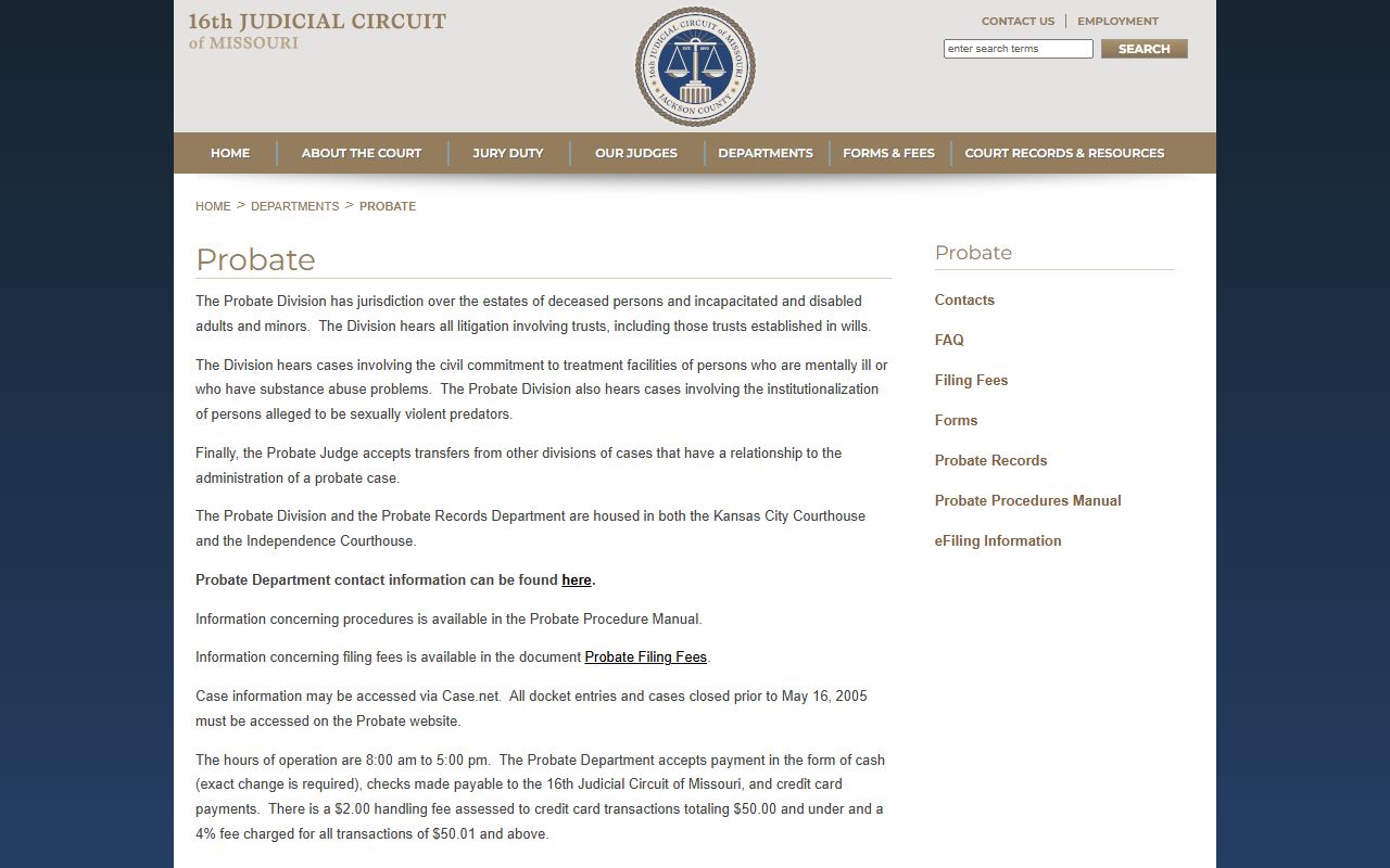 Jackson County 16th Circuit Probate Division page for probate records