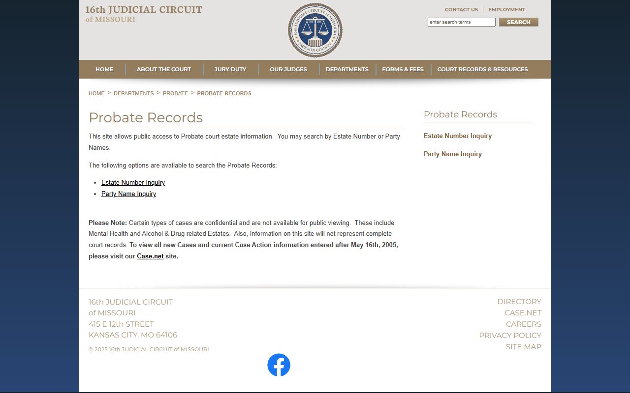 Jackson County 16th Circuit probate record search page for Jackson County probate records