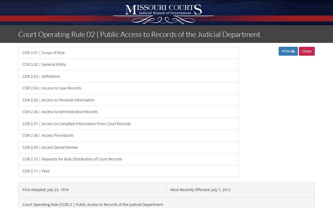 Missouri Court Operating Rule 2 page for Jackson County public records