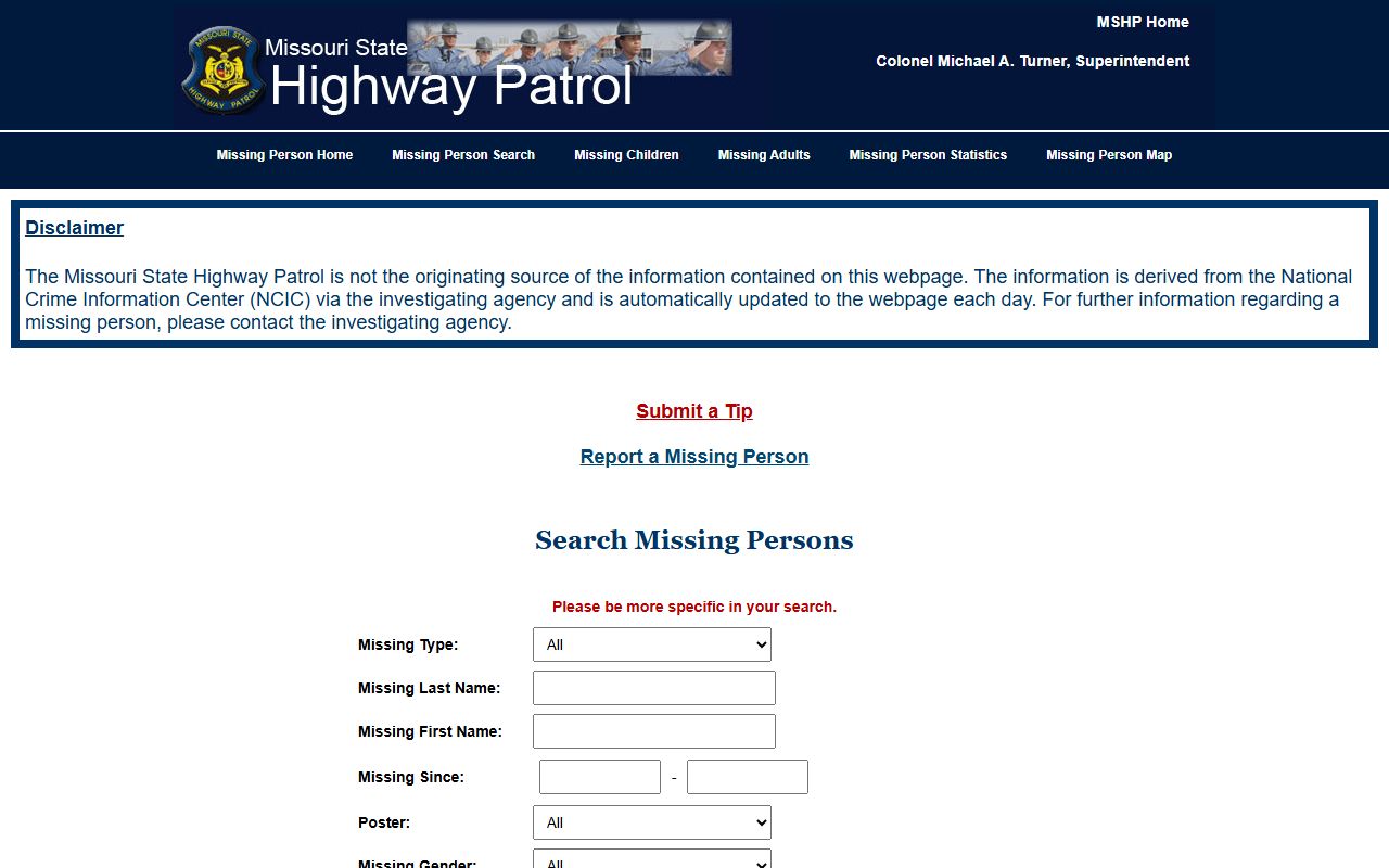 Missouri State Highway Patrol criminal history request portal for Jackson County arrest record background checks