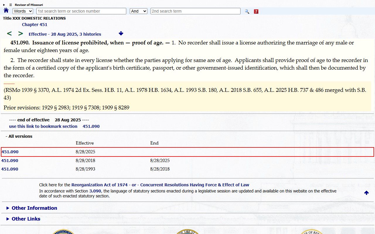 Missouri RSMo 451.090 marriage age license restrictions for Jackson County records