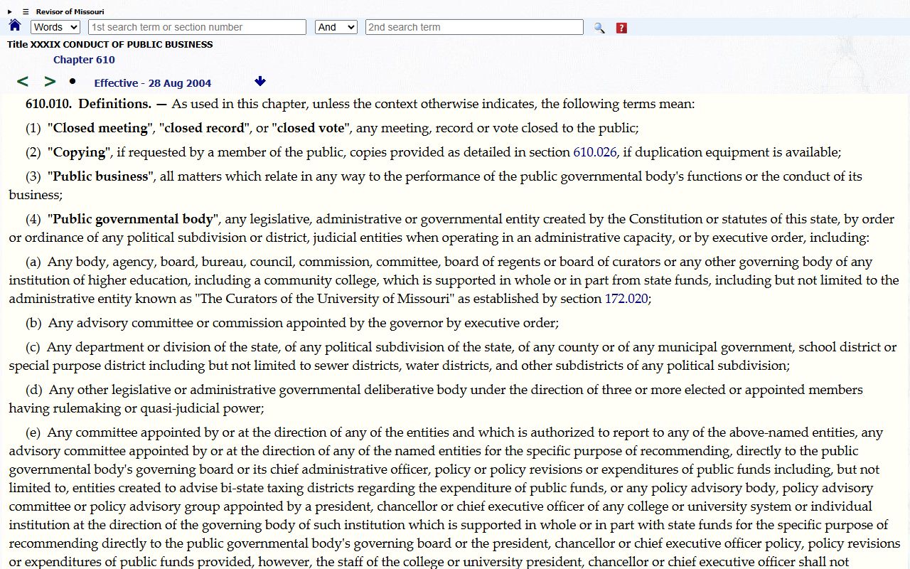 Missouri RSMo 610.010 definitions for the Sunshine Law and Jackson County public records