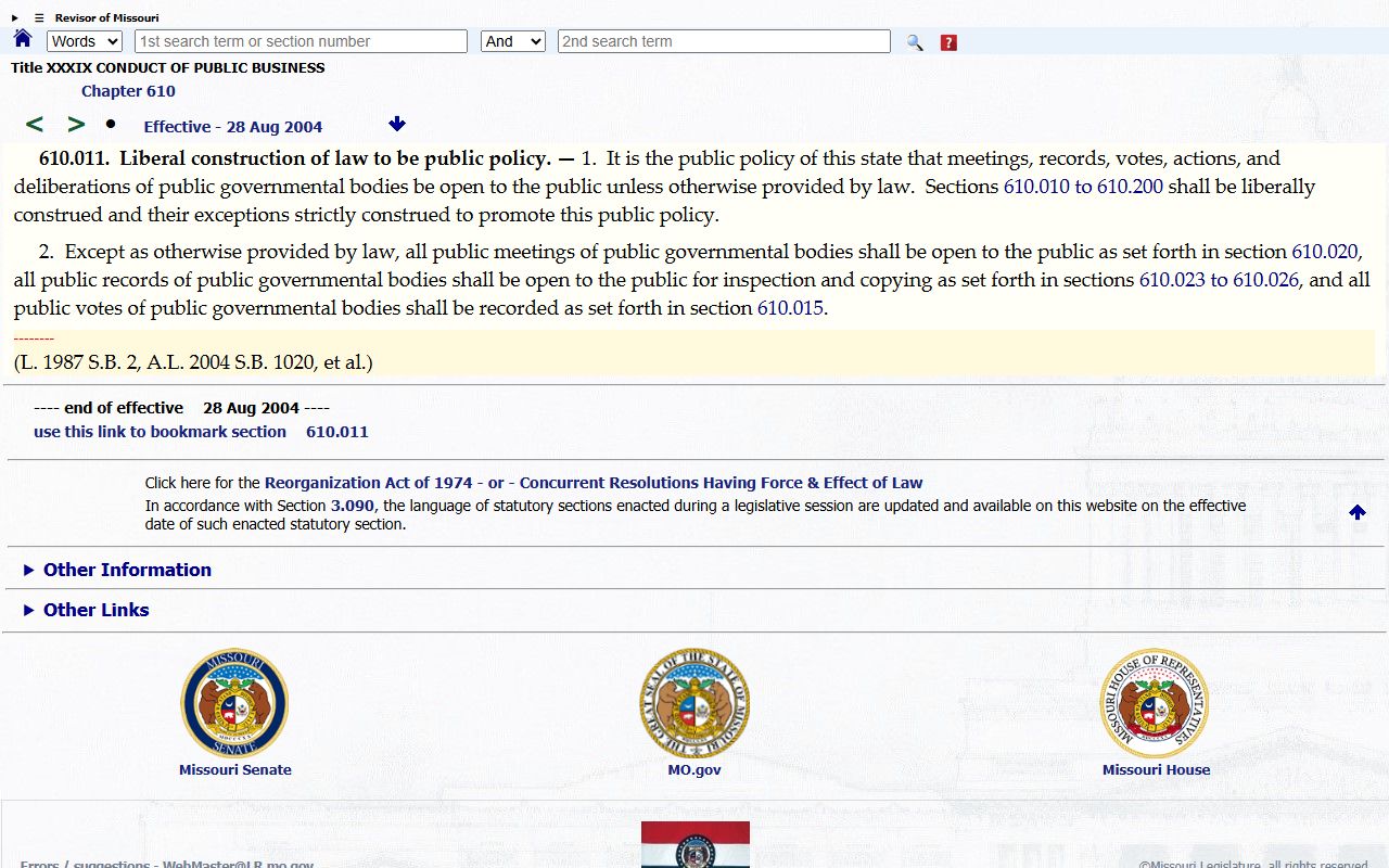 Missouri RSMo 610.011 public policy for open records and meetings for Jackson County public records