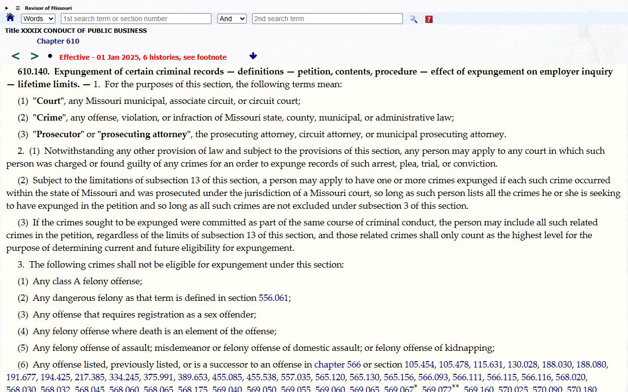 Missouri RSMo 610.140 criminal record expungement statute used by Jackson County